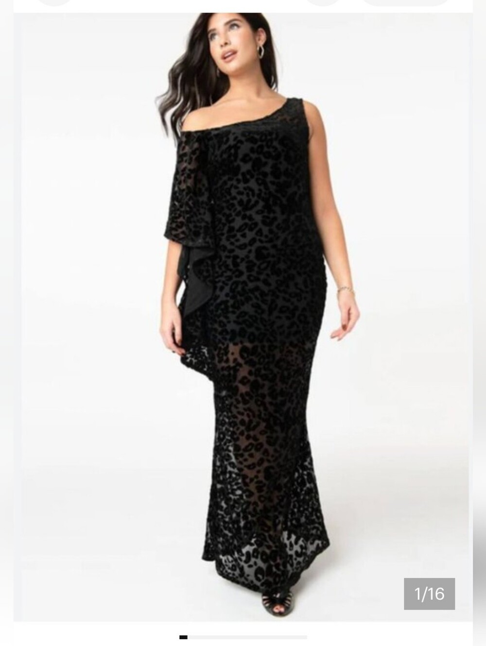 Unique Vintage Black One-Shoulder Velvet Burnout Leopard Kaftan Gown